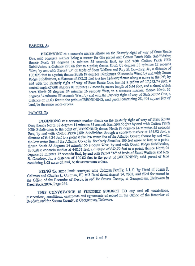 Deed page 2 of 3 - Parcel A and Parcel B legal descriptions to the low water line of the Atlantic Ocean